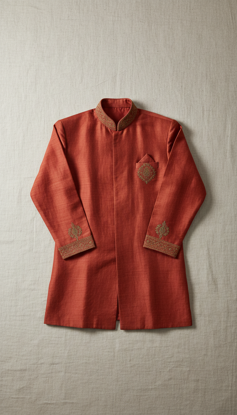 Red ochre silk sherwani