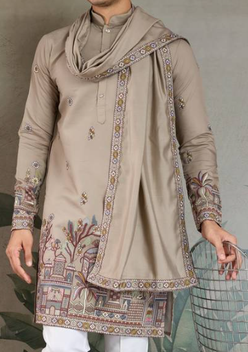 Beige Silk Embroidered Kurta With Dupatta